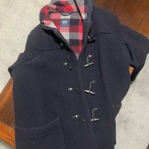 GAP Men's Navy Toggle Pea Coat with Red Plaid Lining